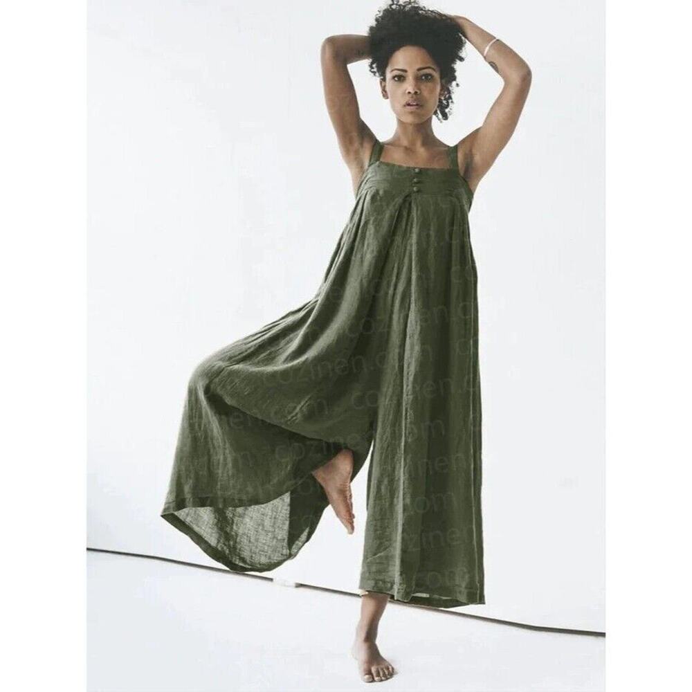 NEW Linen Soft Cotton Sleeveless Loose Jumpsuit Adjustable Straps M Army Green